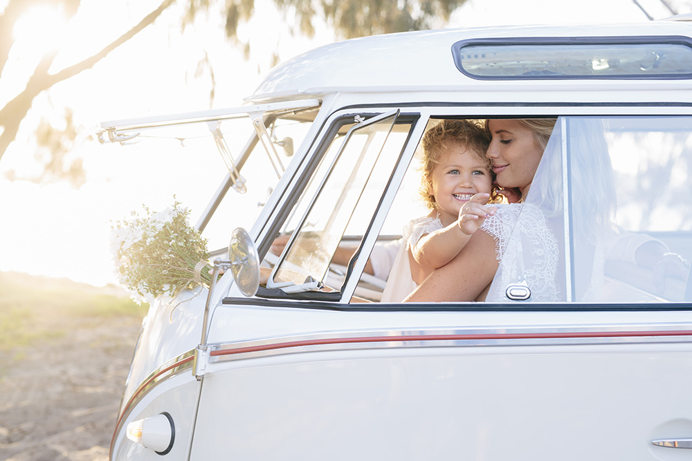 Lola the kombi with child and mother, Kombi wedding car hire 
